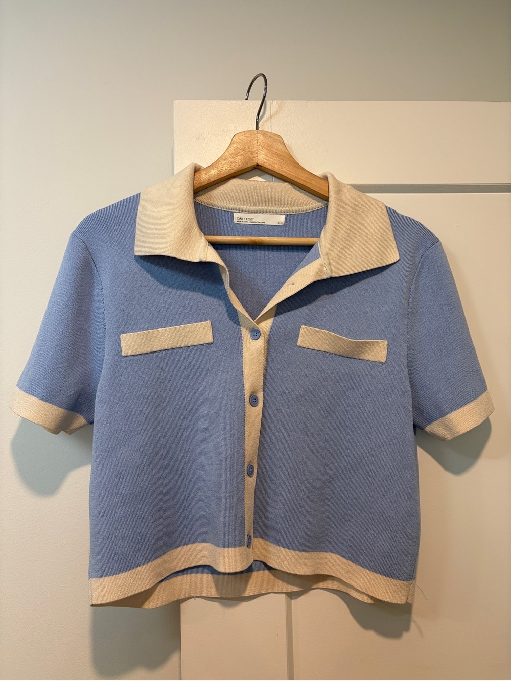 Light Blue & Cream Knit Polo Top with Contrast Trim